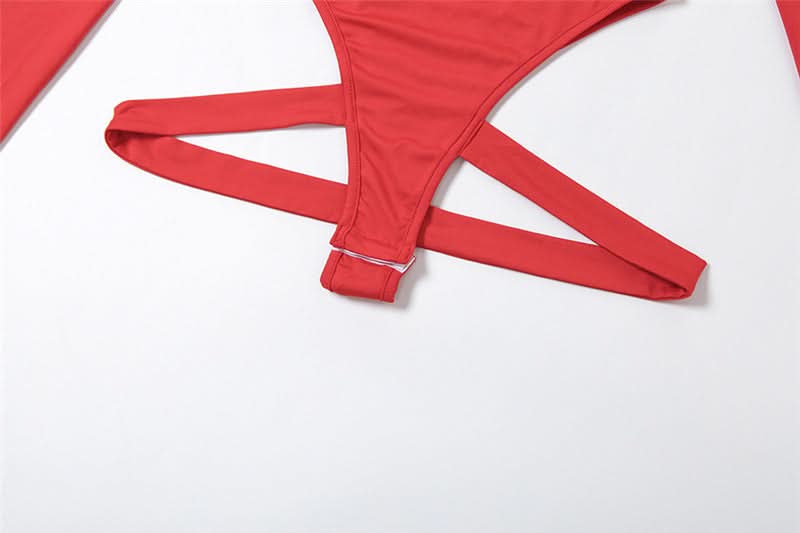 Red Long Sleeve Backless Bodysuit with Strappy Hip Cutouts | Fall Party & Halloween Essential