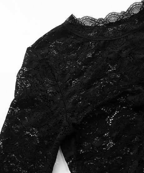 Gothic Romance Black Lace Bell Sleeve Crop Top | Mock Neck Fall Party & Halloween Essential
