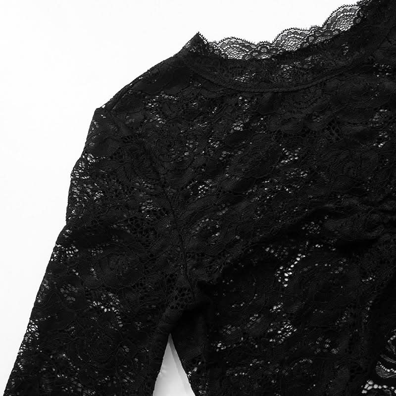 Gothic Romance Black Lace Bell Sleeve Crop Top | Mock Neck Fall Party & Halloween Essential