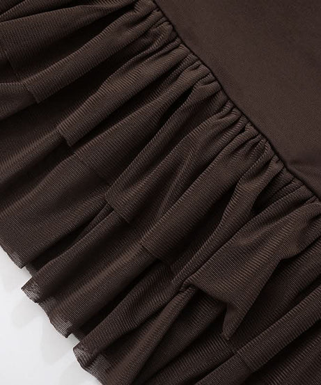 Chic Chocolate Brown Ruched Bodycon Mini Dress with Sheer Ruffle Hem – Fall Evening Ready