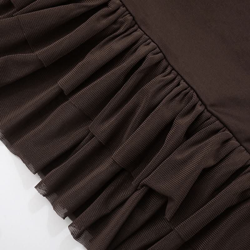 Chic Chocolate Brown Ruched Bodycon Mini Dress with Sheer Ruffle Hem – Fall Evening Ready