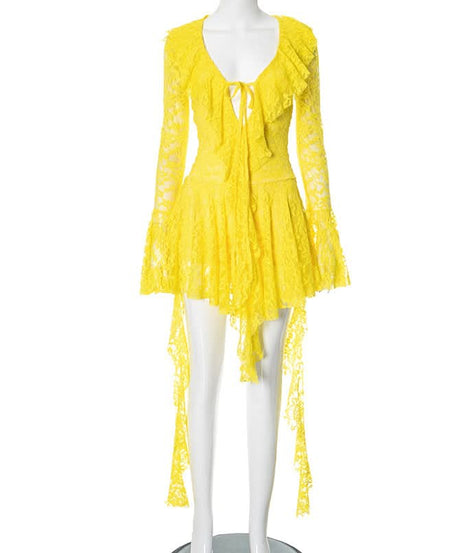 Dark Romance Black Lace Mini Dress | Flared Bell Sleeves & Tie-Front | Halloween & Holiday Party Ready