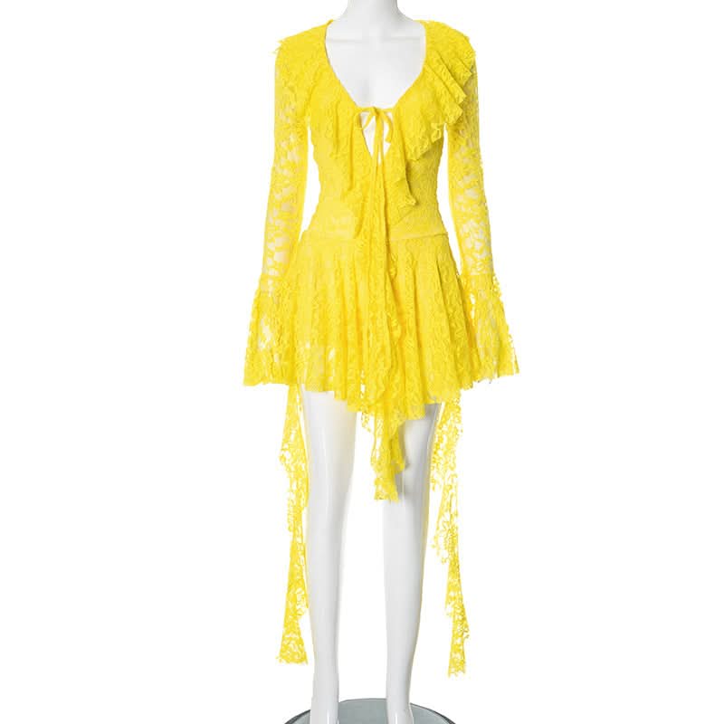 Dark Romance Black Lace Mini Dress | Flared Bell Sleeves & Tie-Front | Halloween & Holiday Party Ready