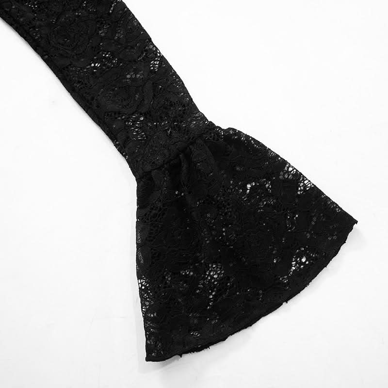 Gothic Romance Black Lace Bell Sleeve Crop Top | Mock Neck Fall Party & Halloween Essential