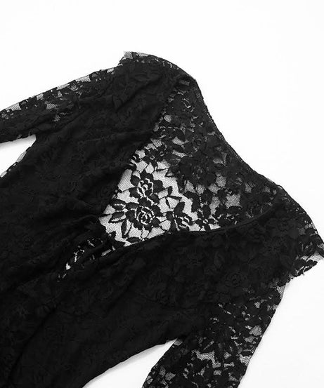 Dark Romance Black Lace Mini Dress | Flared Bell Sleeves & Tie-Front | Halloween & Holiday Party Ready