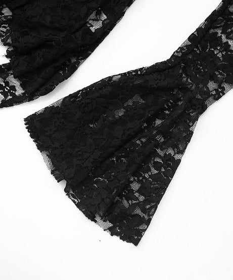 Dark Romance Black Lace Mini Dress | Flared Bell Sleeves & Tie-Front | Halloween & Holiday Party Ready