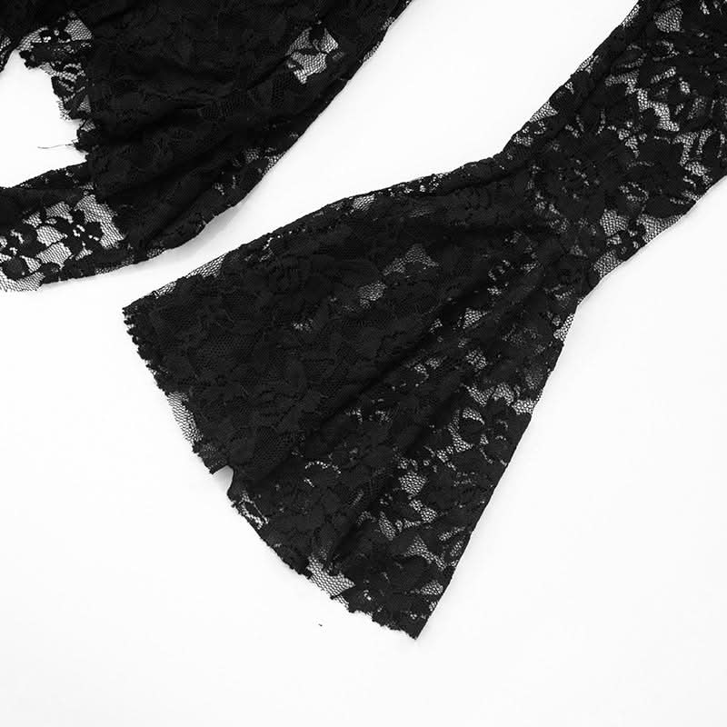 Dark Romance Black Lace Mini Dress | Flared Bell Sleeves & Tie-Front | Halloween & Holiday Party Ready