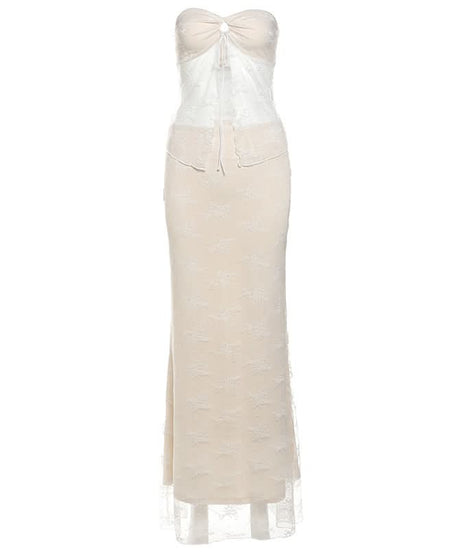 Dreamy Fall Elegance: Strapless Sweetheart Lace Maxi Set - Cream Two-Piece Skirt & Top for Enchanting Evenings
