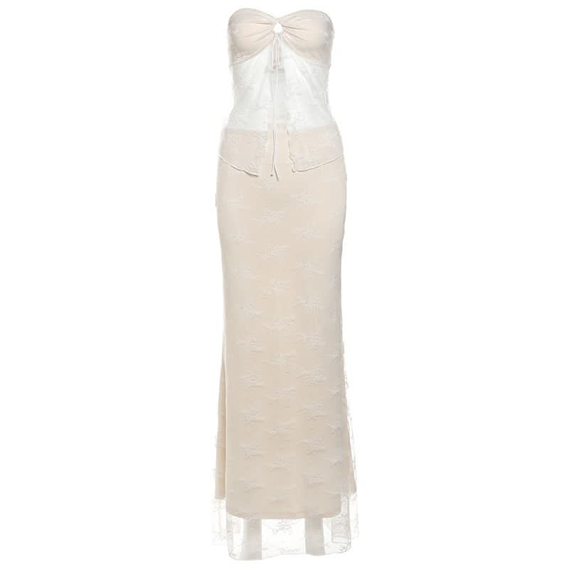 Dreamy Fall Elegance: Strapless Sweetheart Lace Maxi Set - Cream Two-Piece Skirt & Top for Enchanting Evenings