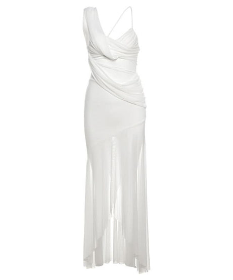 Effortless Elegance: White One-Shoulder Ruched Maxi Dress with Sheer Overlay | Perfect for Fall & Holiday Events