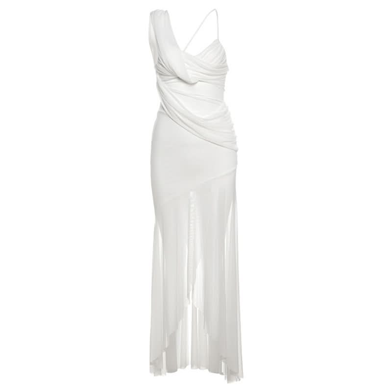 Effortless Elegance: White One-Shoulder Ruched Maxi Dress with Sheer Overlay | Perfect for Fall & Holiday Events
