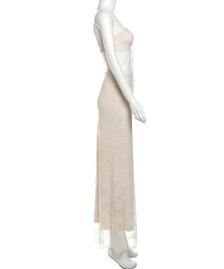 Dreamy Fall Elegance: Strapless Sweetheart Lace Maxi Set - Cream Two-Piece Skirt & Top for Enchanting Evenings