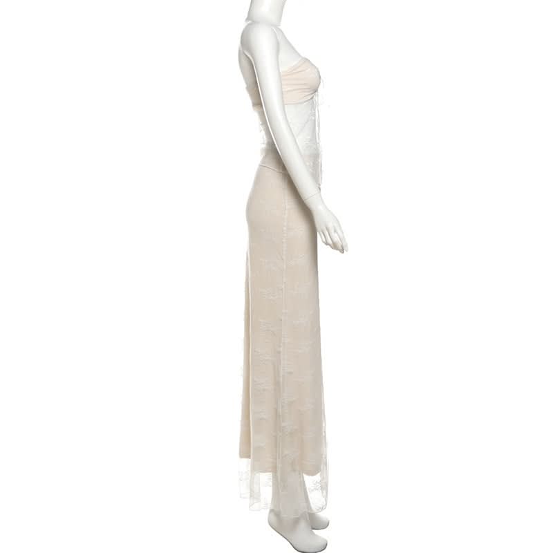 Dreamy Fall Elegance: Strapless Sweetheart Lace Maxi Set - Cream Two-Piece Skirt & Top for Enchanting Evenings