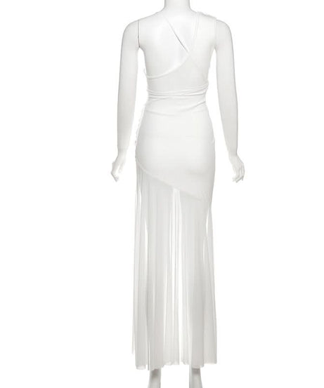 Effortless Elegance: White One-Shoulder Ruched Maxi Dress with Sheer Overlay | Perfect for Fall & Holiday Events