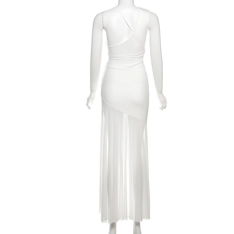Effortless Elegance: White One-Shoulder Ruched Maxi Dress with Sheer Overlay | Perfect for Fall & Holiday Events