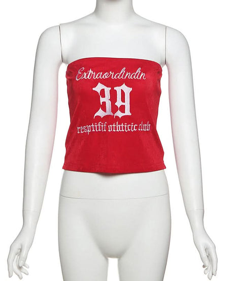 Trendy Red Velvet Tube Top for Women | Y2K '39' Embroidered Varsity Crop - Fall Fashion
