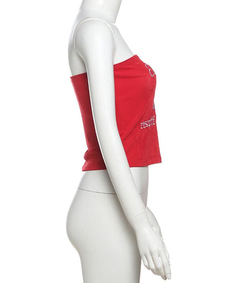 Trendy Red Velvet Tube Top for Women | Y2K '39' Embroidered Varsity Crop - Fall Fashion