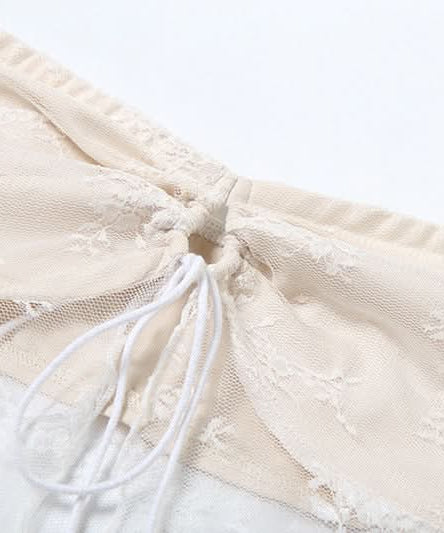 Dreamy Fall Elegance: Strapless Sweetheart Lace Maxi Set - Cream Two-Piece Skirt & Top for Enchanting Evenings