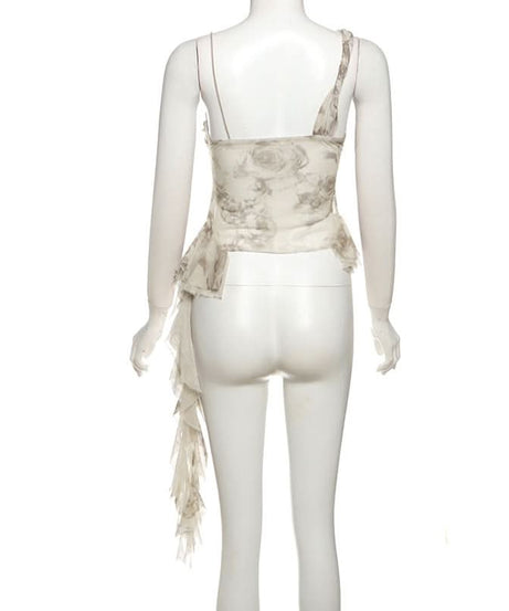 Chic Autumn Bloom Mesh Ruffle Cami Top - Romantic Asymmetrical Fall Style