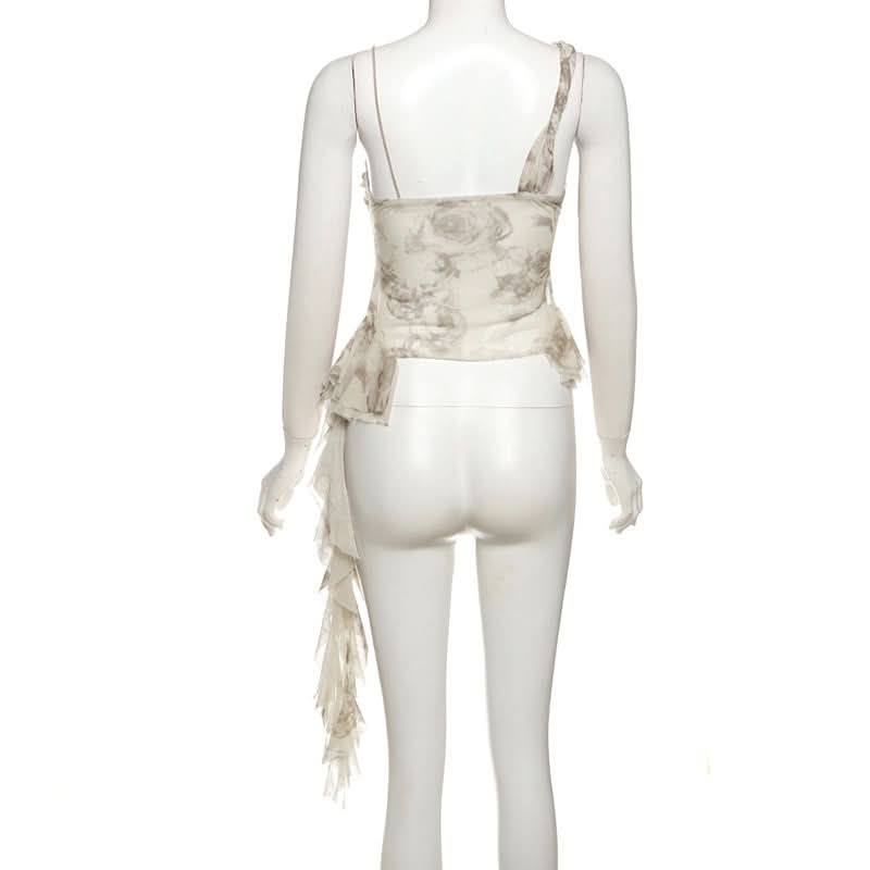 Chic Autumn Bloom Mesh Ruffle Cami Top - Romantic Asymmetrical Fall Style