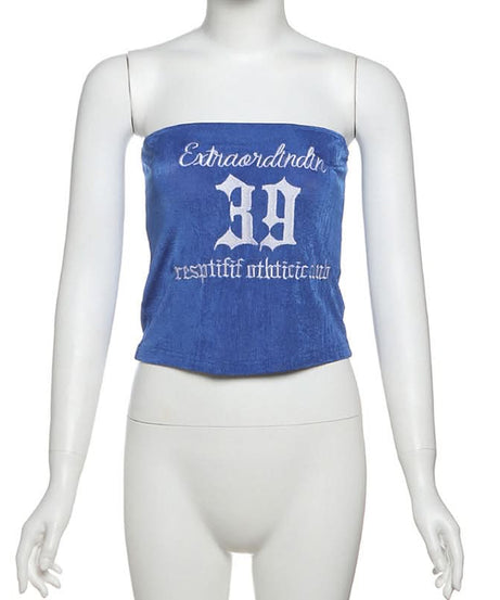 Trendy Red Velvet Tube Top for Women | Y2K '39' Embroidered Varsity Crop - Fall Fashion