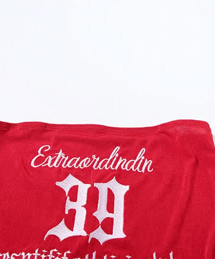 Trendy Red Velvet Tube Top for Women | Y2K '39' Embroidered Varsity Crop - Fall Fashion