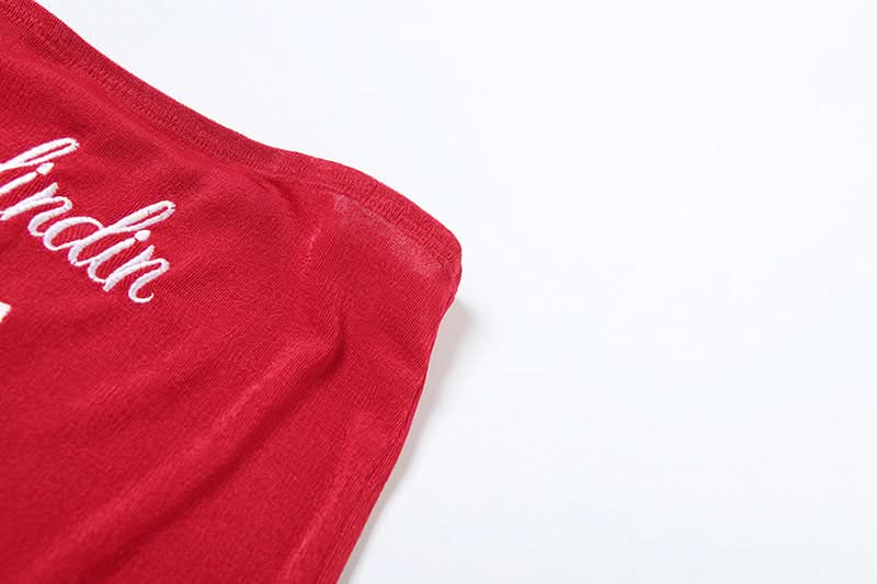 Trendy Red Velvet Tube Top for Women | Y2K '39' Embroidered Varsity Crop - Fall Fashion