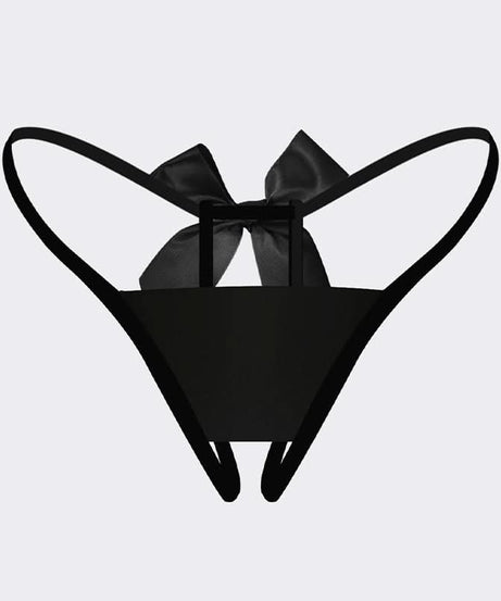 Enchanting Black Satin Bow Open Crotch Thong - Adjustable Fit for Autumn Nights