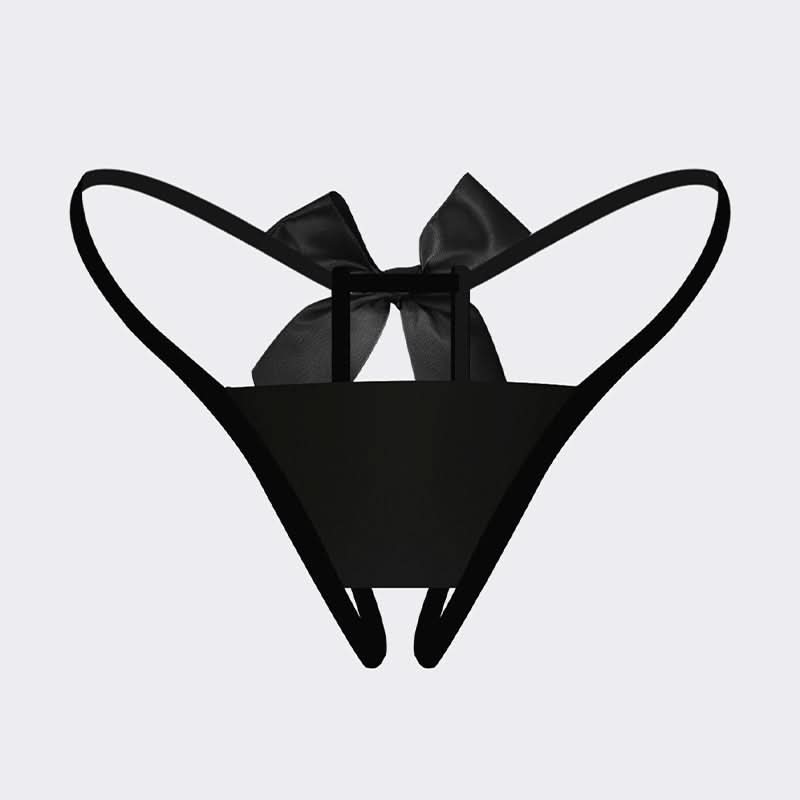 Enchanting Black Satin Bow Open Crotch Thong - Adjustable Fit for Autumn Nights