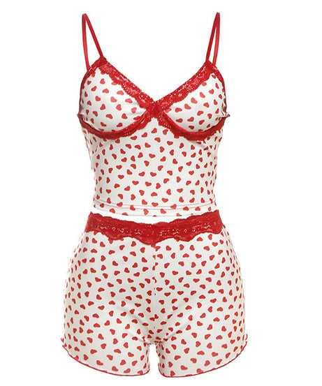 Cozy Sweetheart Lace Cami & Shorts Loungewear Set - Adorable Heart Print PJs for Fall Nights