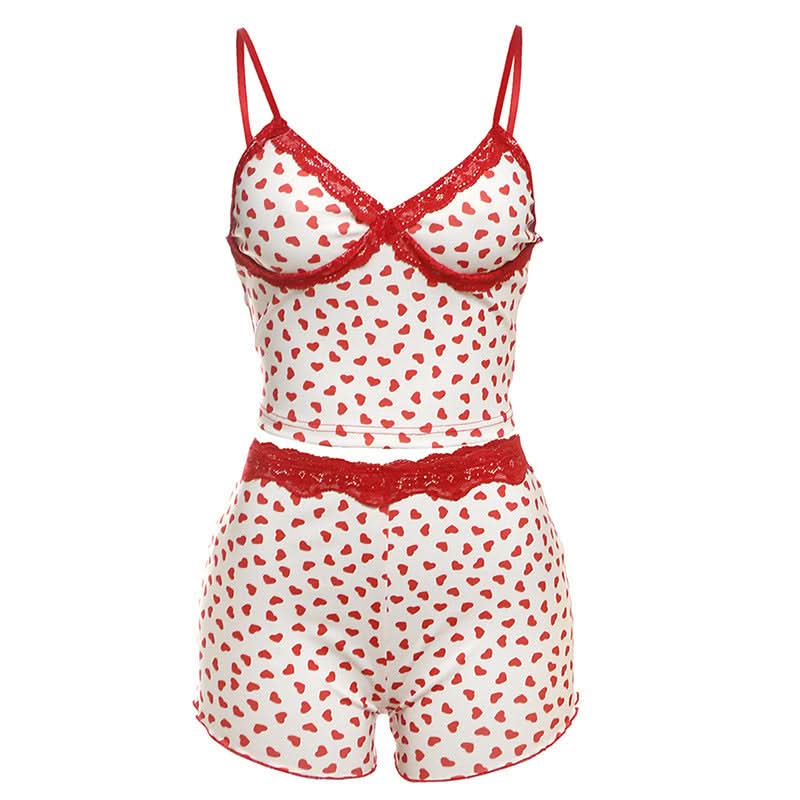 Cozy Sweetheart Lace Cami & Shorts Loungewear Set - Adorable Heart Print PJs for Fall Nights