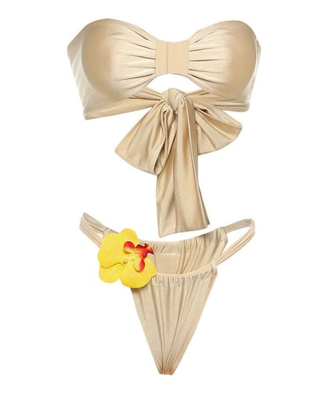Luxe Golden Shimmer Bow Bandeau Bikini Set with Tropical Orchid – Perfect for Your Winter Getaway