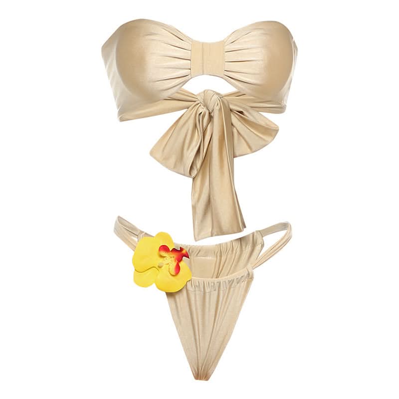 Luxe Golden Shimmer Bow Bandeau Bikini Set with Tropical Orchid – Perfect for Your Winter Getaway