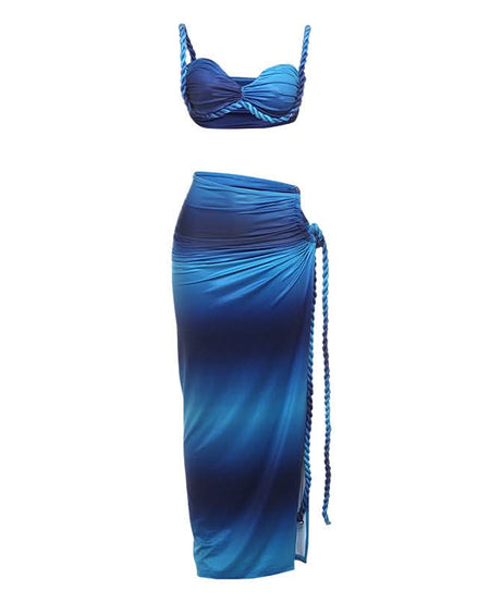 Tropical Escape Ombre Two-Piece Maxi Skirt Set - Sweetheart Top & Rope Slit