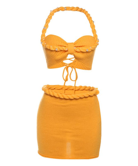 Radiant Bow Halter Knit Crop Top & Mini Skirt Set - Pearl Accented Vacation Style