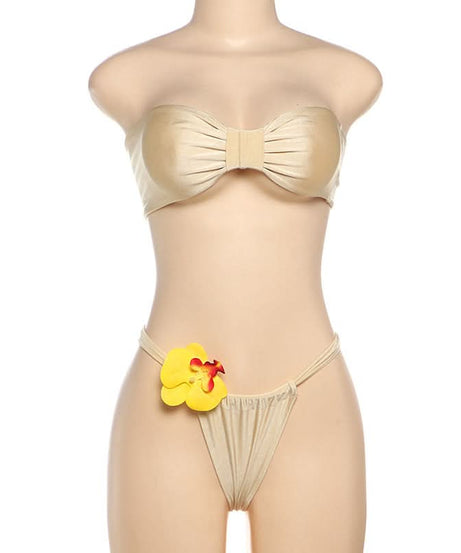 Luxe Golden Shimmer Bow Bandeau Bikini Set with Tropical Orchid – Perfect for Your Winter Getaway