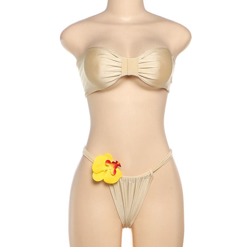 Luxe Golden Shimmer Bow Bandeau Bikini Set with Tropical Orchid – Perfect for Your Winter Getaway