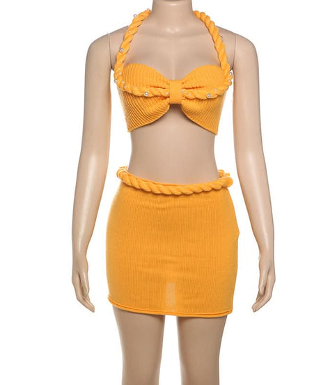 Radiant Bow Halter Knit Crop Top & Mini Skirt Set - Pearl Accented Vacation Style