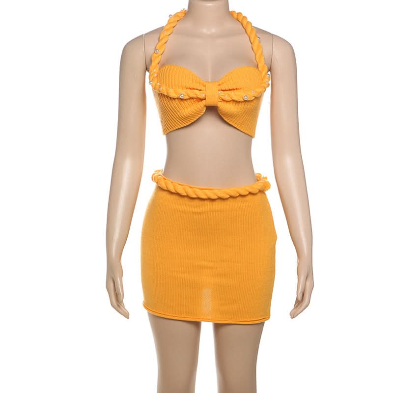 Radiant Bow Halter Knit Crop Top & Mini Skirt Set - Pearl Accented Vacation Style