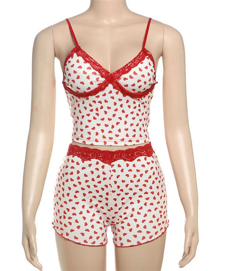 Cozy Sweetheart Lace Cami & Shorts Loungewear Set - Adorable Heart Print PJs for Fall Nights