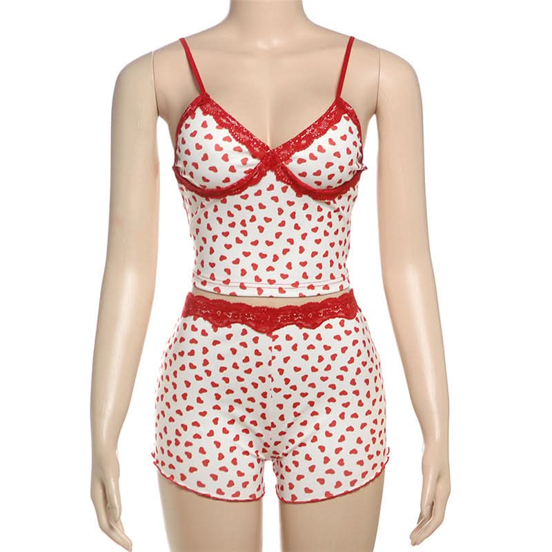 Cozy Sweetheart Lace Cami & Shorts Loungewear Set - Adorable Heart Print PJs for Fall Nights