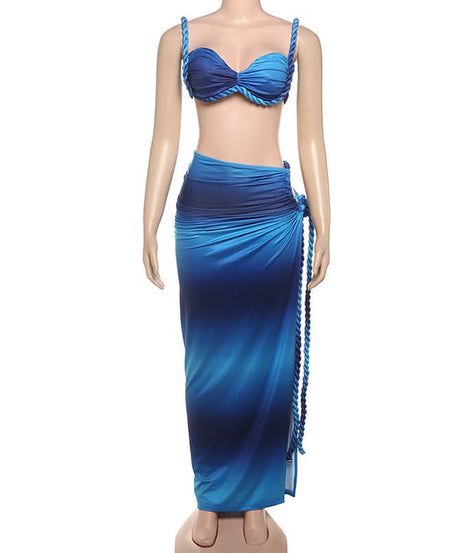 Tropical Escape Ombre Two-Piece Maxi Skirt Set - Sweetheart Top & Rope Slit