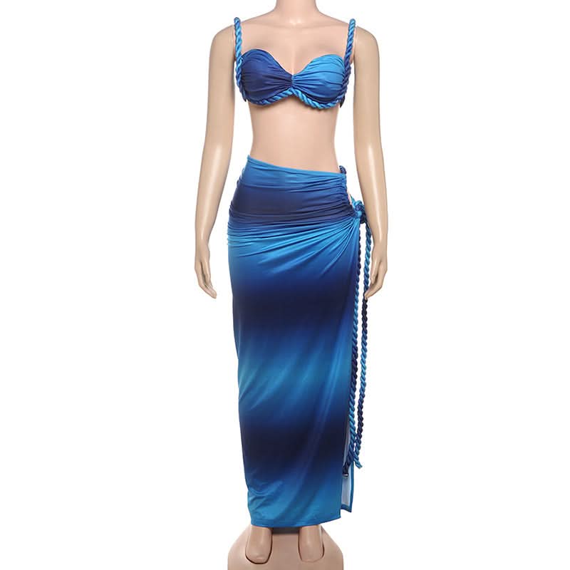 Tropical Escape Ombre Two-Piece Maxi Skirt Set - Sweetheart Top & Rope Slit