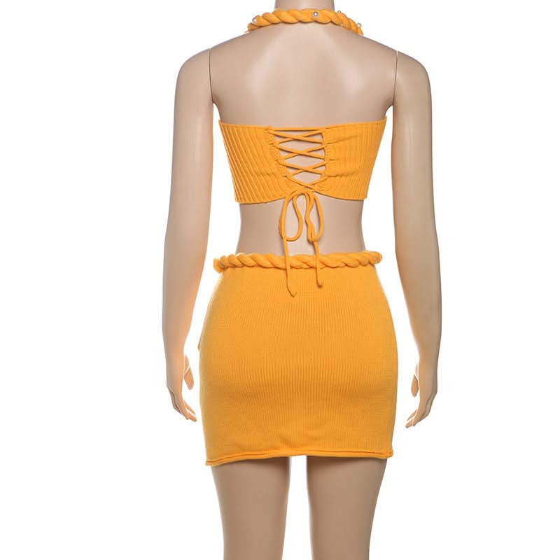 Radiant Bow Halter Knit Crop Top & Mini Skirt Set - Pearl Accented Vacation Style