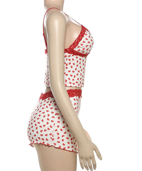 Cozy Sweetheart Lace Cami & Shorts Loungewear Set - Adorable Heart Print PJs for Fall Nights