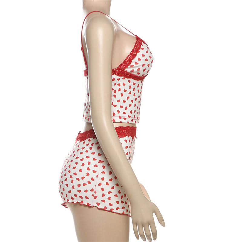 Cozy Sweetheart Lace Cami & Shorts Loungewear Set - Adorable Heart Print PJs for Fall Nights