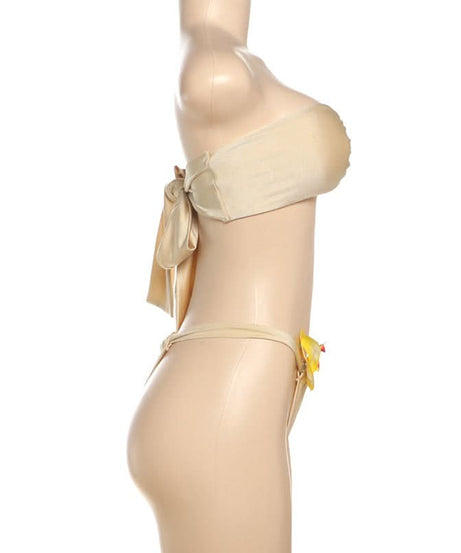 Luxe Golden Shimmer Bow Bandeau Bikini Set with Tropical Orchid – Perfect for Your Winter Getaway