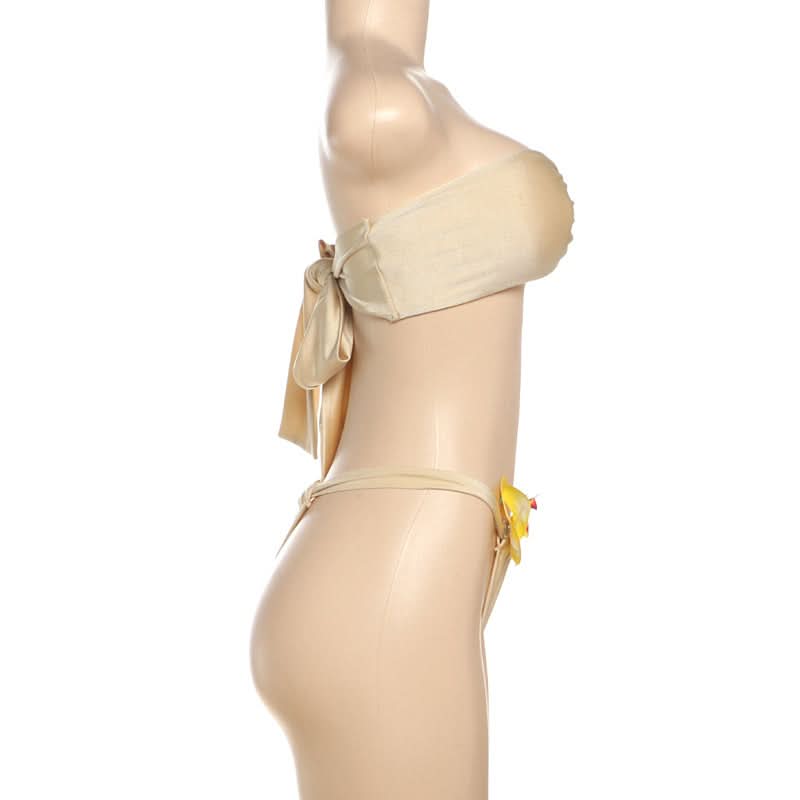 Luxe Golden Shimmer Bow Bandeau Bikini Set with Tropical Orchid – Perfect for Your Winter Getaway