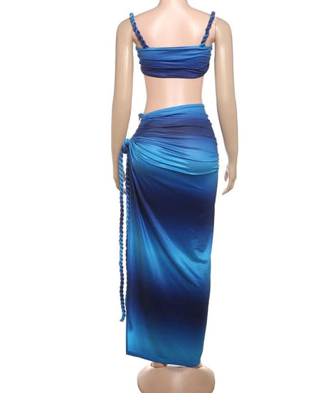 Tropical Escape Ombre Two-Piece Maxi Skirt Set - Sweetheart Top & Rope Slit