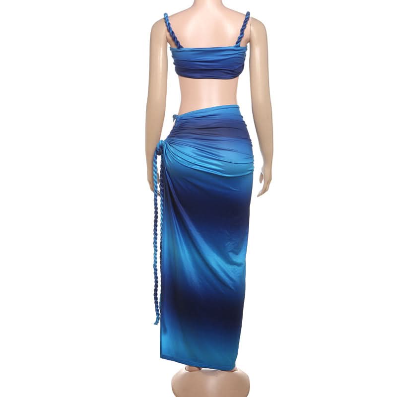 Tropical Escape Ombre Two-Piece Maxi Skirt Set - Sweetheart Top & Rope Slit